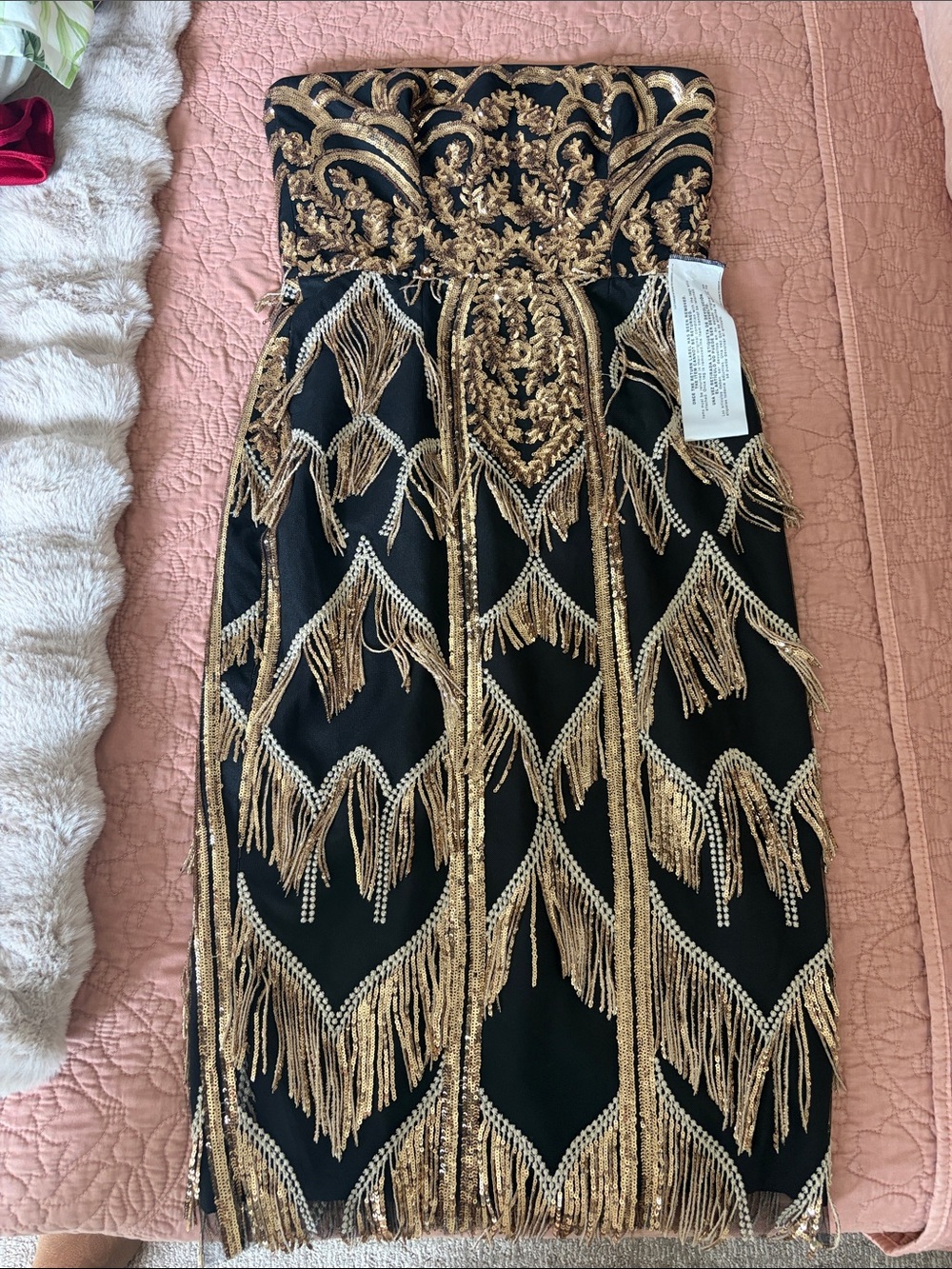 Dress the Population Strapless Black and Gold Beaded Fringe Cocktail Dress(NWT)
